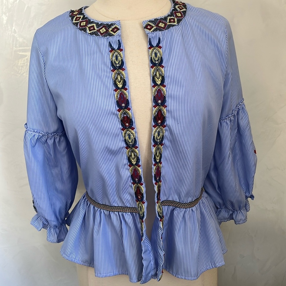 Rebellion Boho Blue & White stripe open Top w/embroidery & 3/4 Sleeves Size M